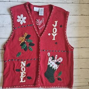 Vintage Bobbie Brooks Holiday Cardigan Vest Joy Noel Stocking Size‎ XL Red